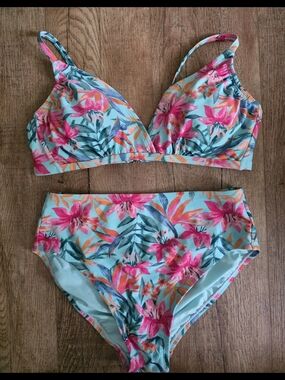 Kona Sol Aqua Floral High-Waist Bikini Set - Pink, Orange, Teal M Bottoms L Top